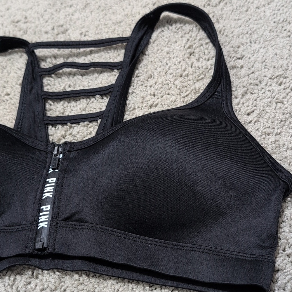 Victoria's Secret PINK Sports Bra Ladder Back Front Zip Black Size Medium - Picture 3 of 10